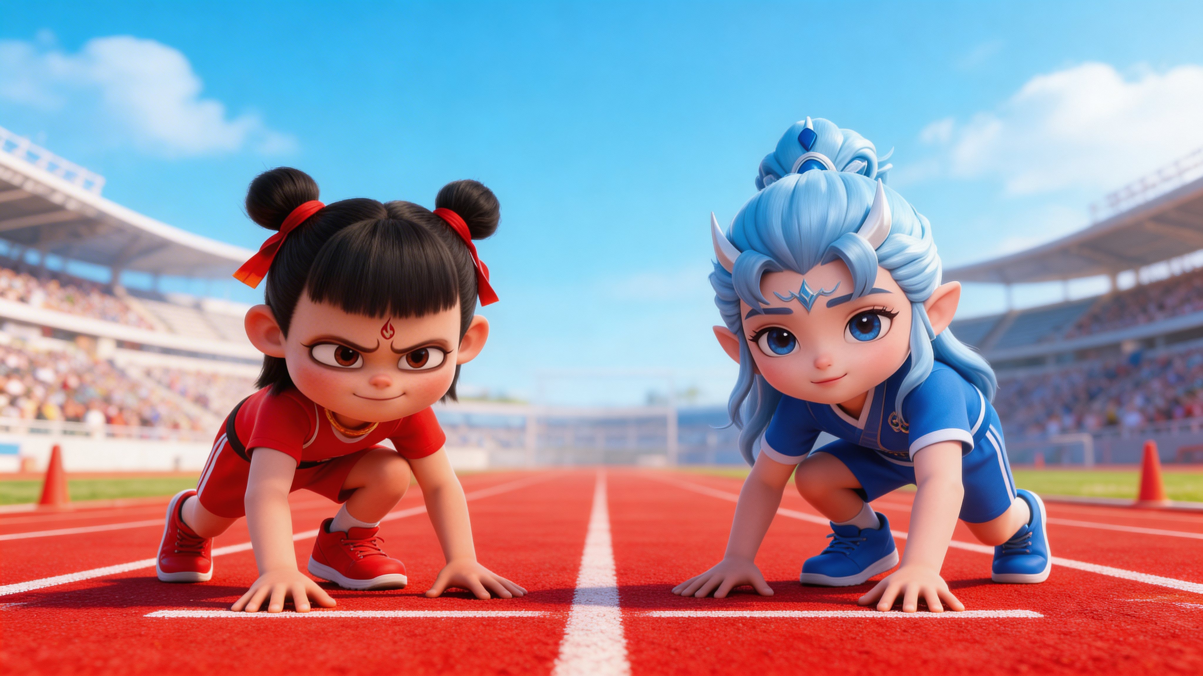 Start frame: Nezha and Ao Bing at 100m sprint start line generated with Seedream