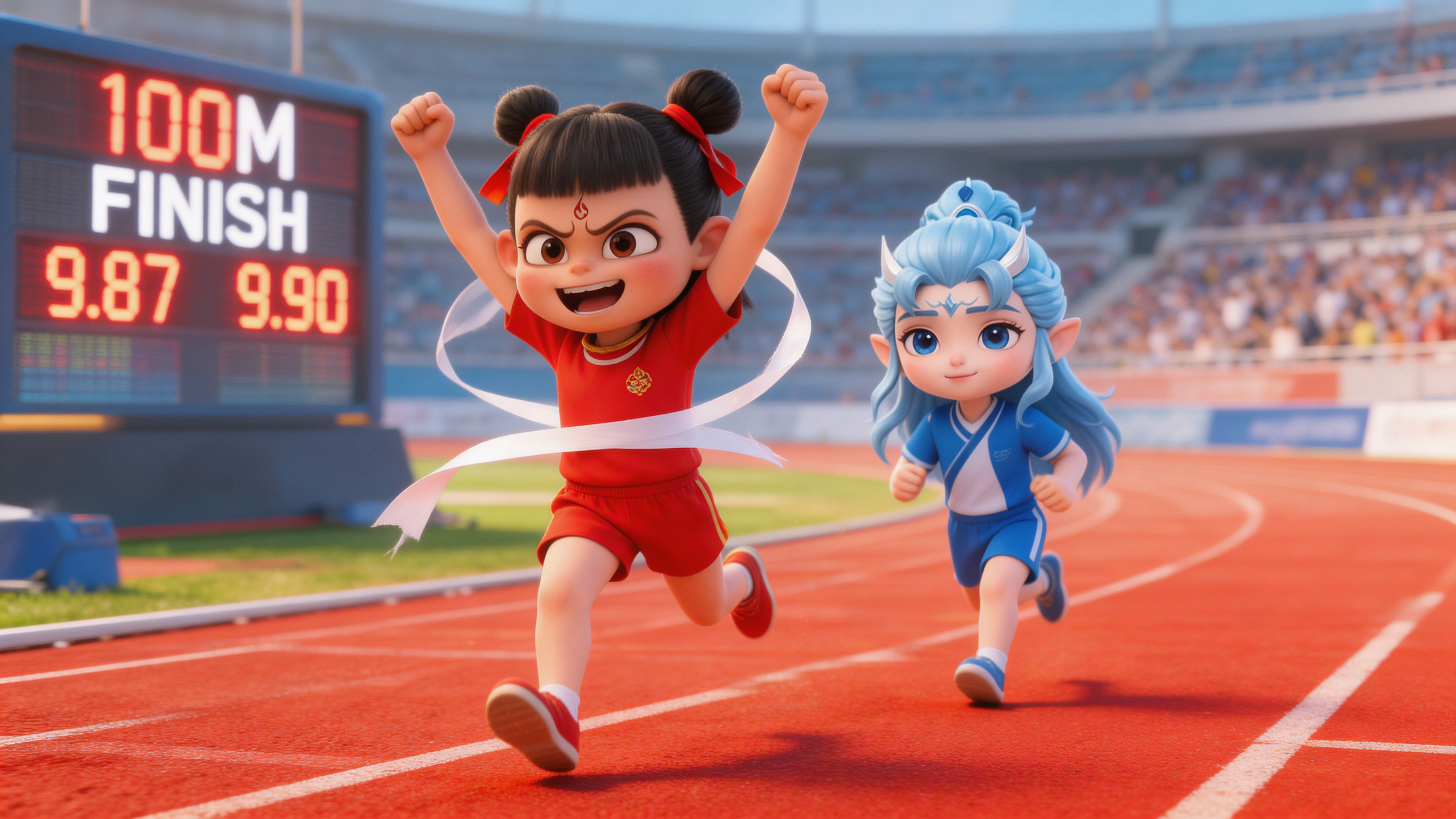 Finish frame: Nezha and Ao Bing crossing finish line generated with Seedream
