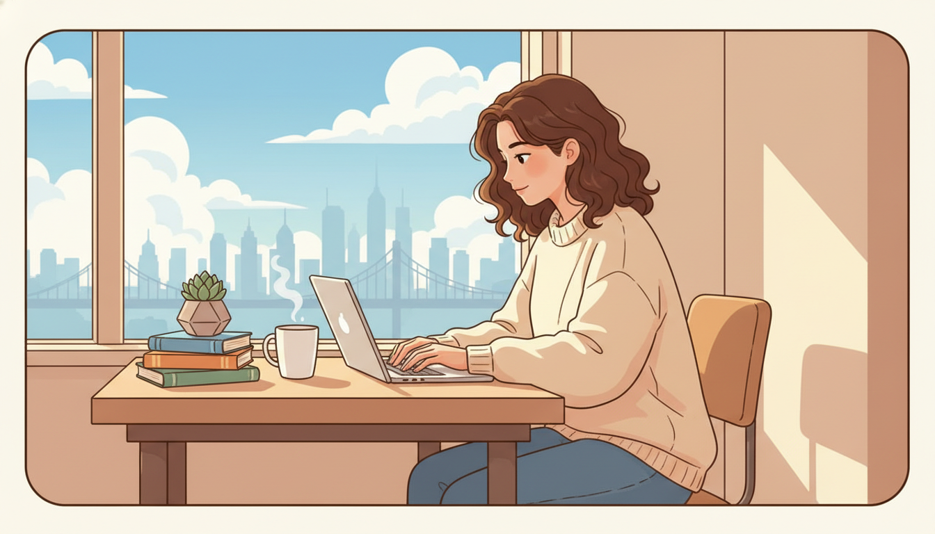 Warm flat illustration of a woman working by a window, Nano Banana